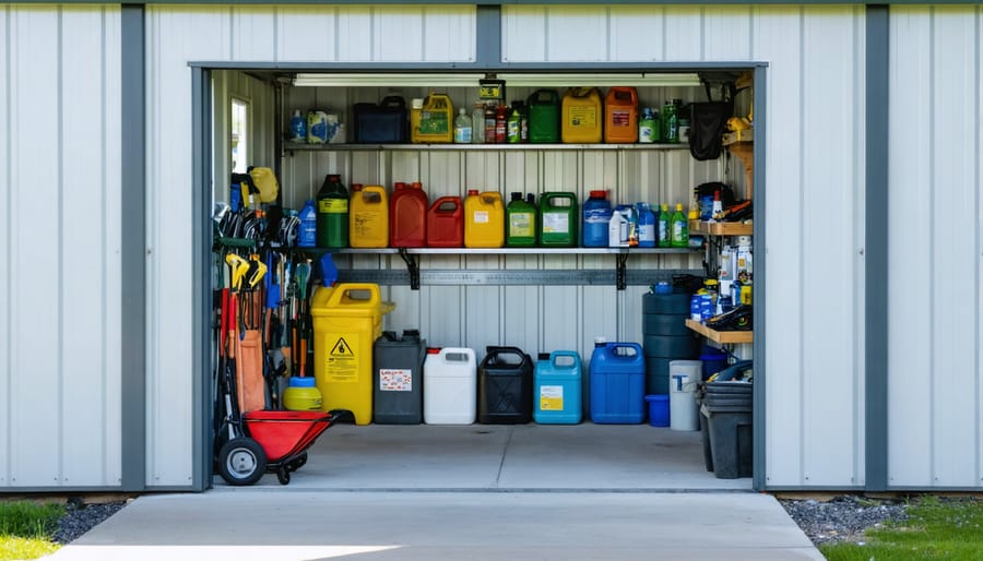 "Neatly arranged hazardous materials shed with labeled containers for chemicals and cleaning products, promoting home safety."