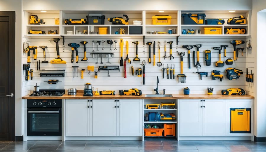 Organized shed interior showing efficient storage layout with tools and equipment