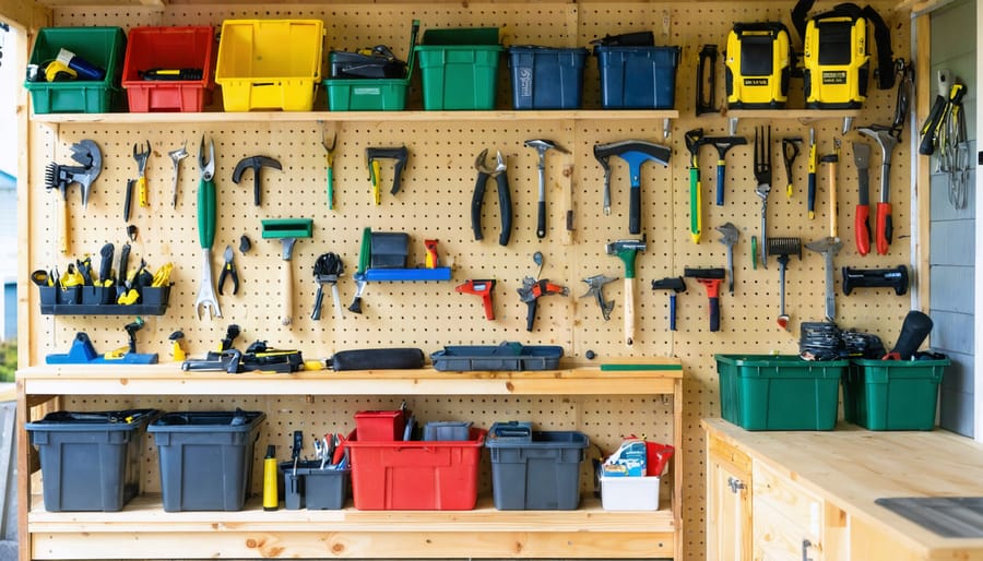 "Interior of a tool shed with tools on a pegboard and storage bins on shelves, designed for efficient organization."