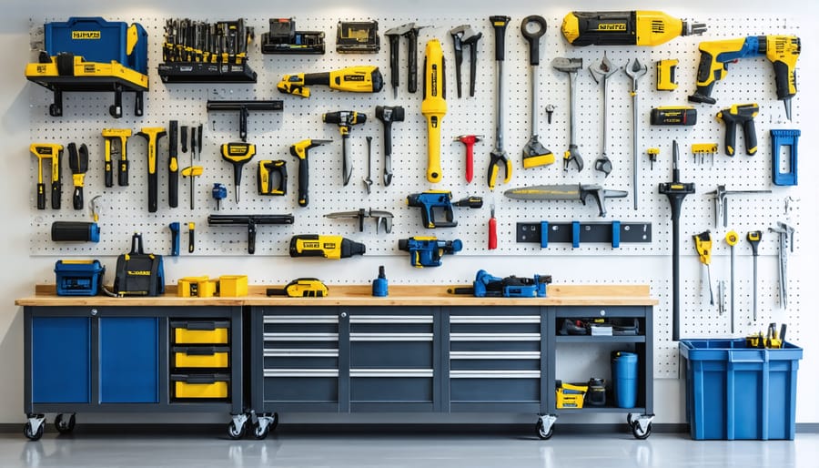 Organized pegboard wall displaying neatly arranged garden and workshop tools