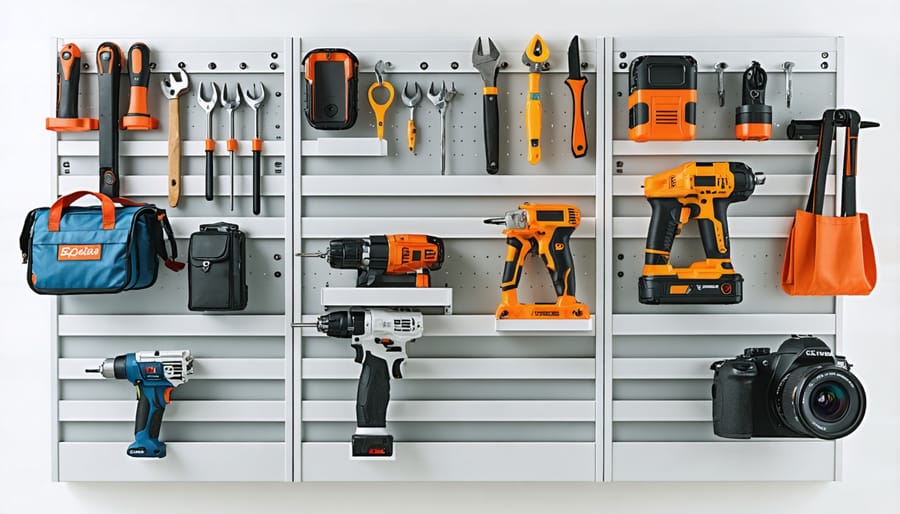 Garden tools organized in 3D printed wall-mounted holders on wooden shed wall