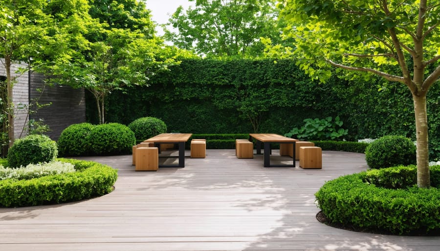 "Serene outdoor workspace with dense hedgerows and mature trees serving as natural sound barriers, surrounded by lush greenery."