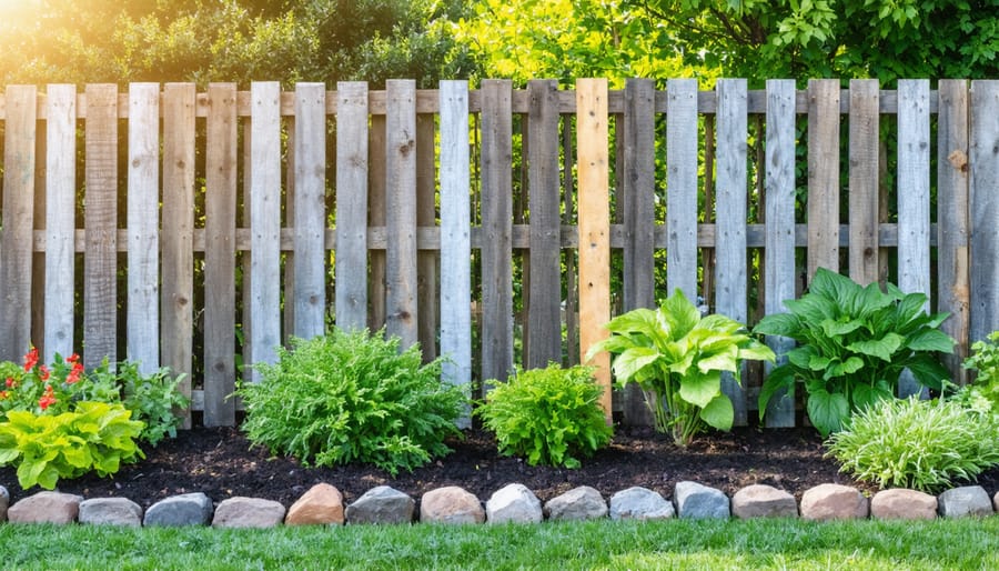 White-painted garden fence made from reclaimed wooden pallets with flowering plants