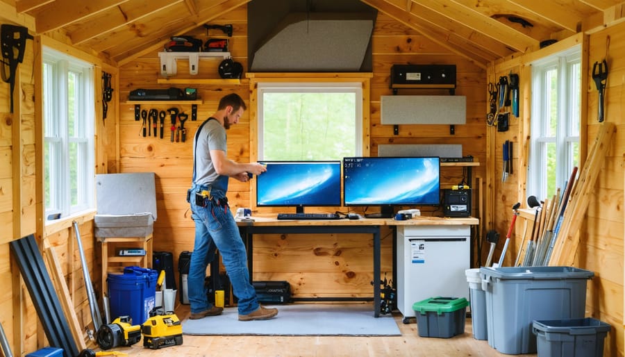 A remodeled shed turned into a tranquil workspace with evident soundproofing elements like mass-loaded vinyl and acoustic foam, depicted mid-application by a person sealing gaps with acoustic caulk.