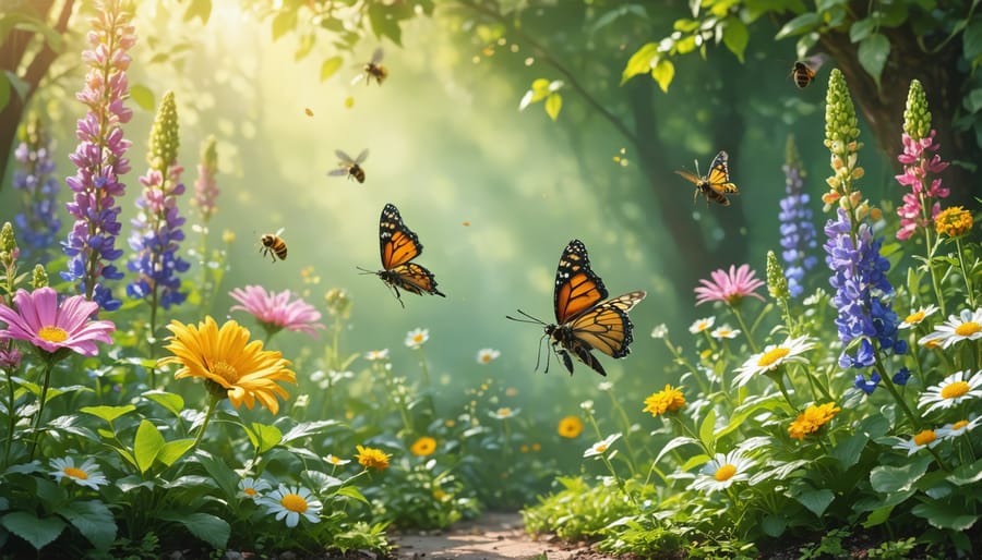 Colorful pollinator garden with bees and butterflies visiting native flowers