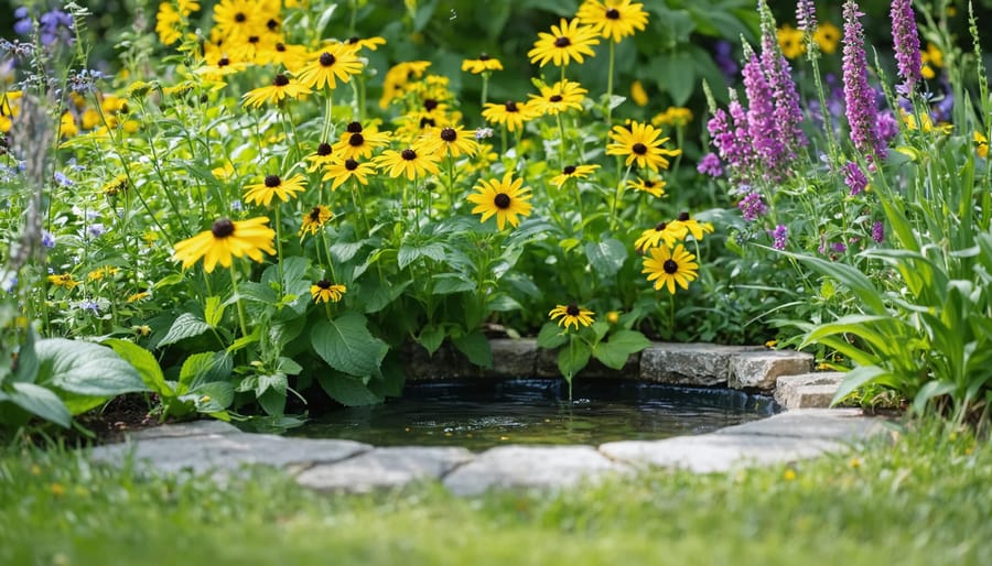 "A small pollinator garden with vibrant clusters of native flowers, herbs, and a shallow birdbath under soft natural lighting."