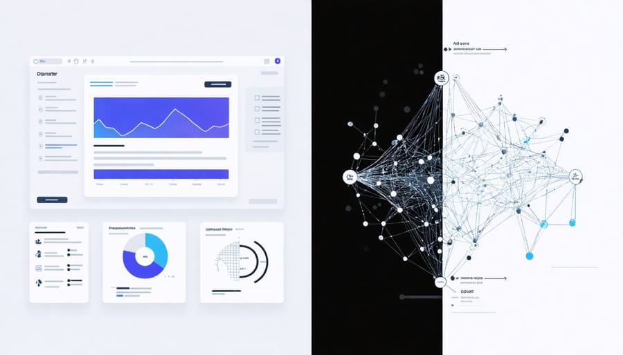 Comparison between traditional predictive analytics graphs and AI neural network visualization