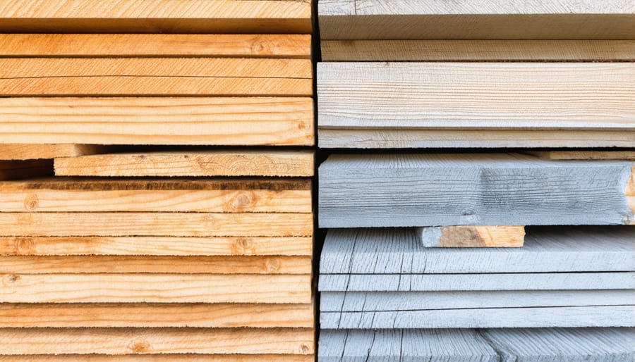 Comparison showing green-tinted pressure-treated 2x4 next to untreated natural wood 2x4