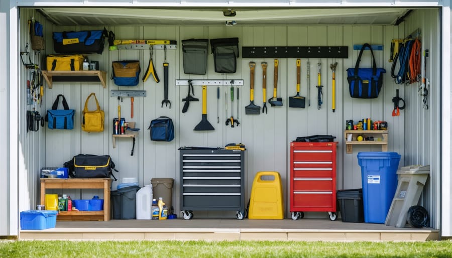 Well-organized shed interior demonstrating proper humidity control storage practices