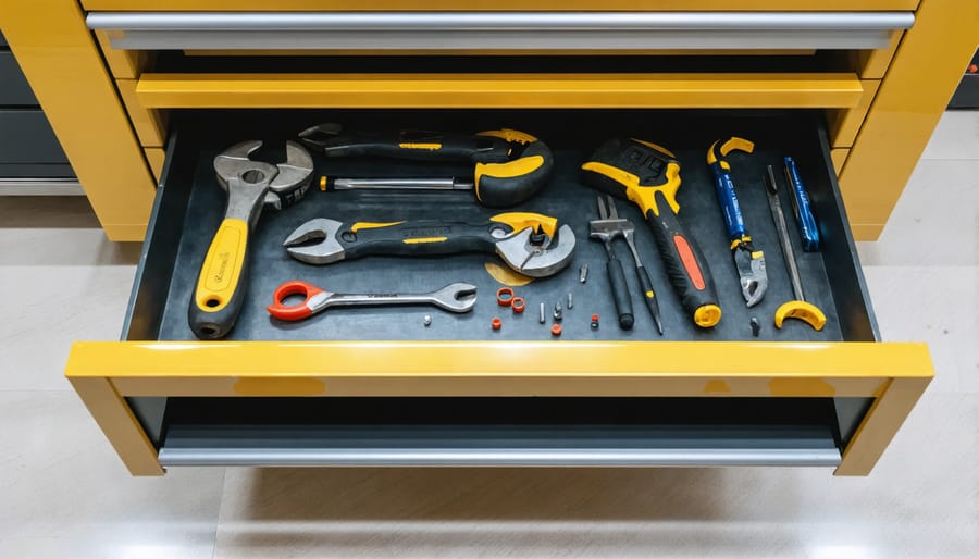 Wooden tool cabinet drawer with protective linings and properly stored tools