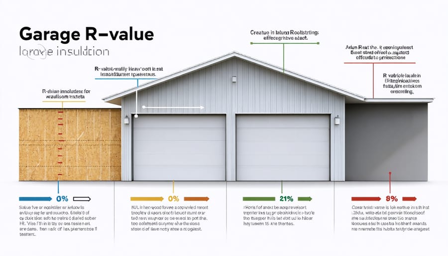 A conceptual infographic depicting R-value effectiveness in garage insulation, showing a scale of R-values, garage door, walls, and ceiling with annotations for insulation requirements.