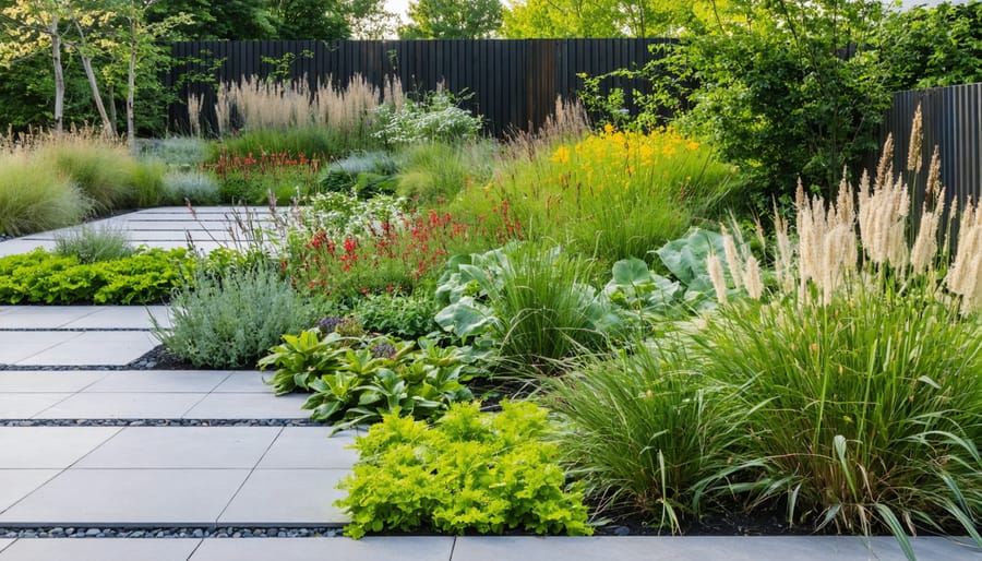 Eco-friendly garden with diverse grassland plants featuring deep-rooted prairie grasses and colorful flowers, showcasing climate-adaptive landscaping.