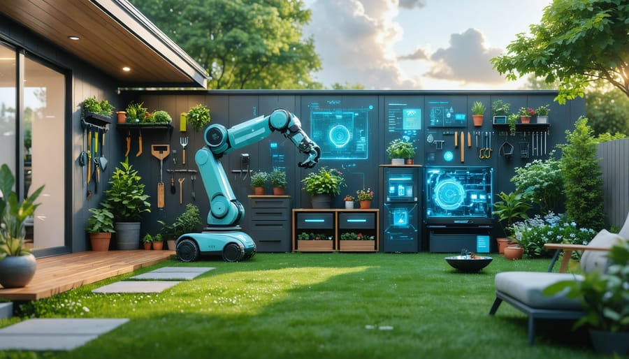 Advanced robotic arm retrieving tools from weather-resistant outdoor storage unit in a smart backyard setting.