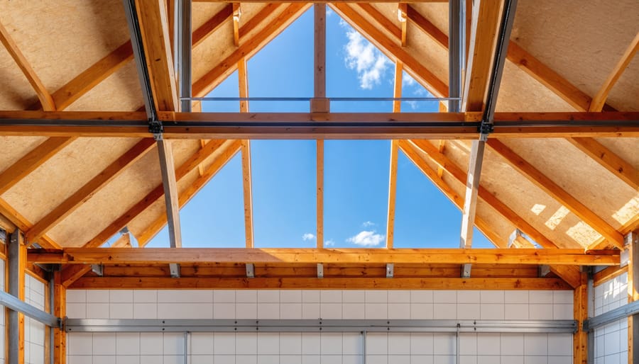 Interior view of garden shed roof framing and trusses during construction