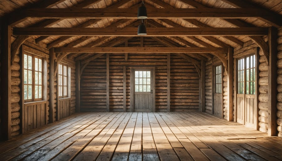 Rustic shed interior with natural wood elements and warm lighting