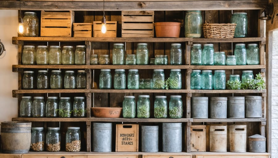 Vintage storage containers and open shelving in rustic shed setting