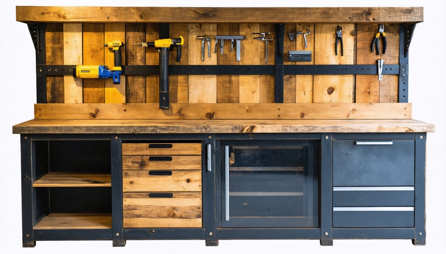 DIY rustic workbench with built-in storage compartments
