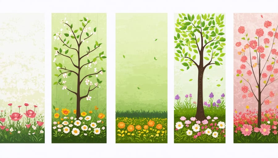 Three-season comparison of a pollinator garden showing different flowering periods