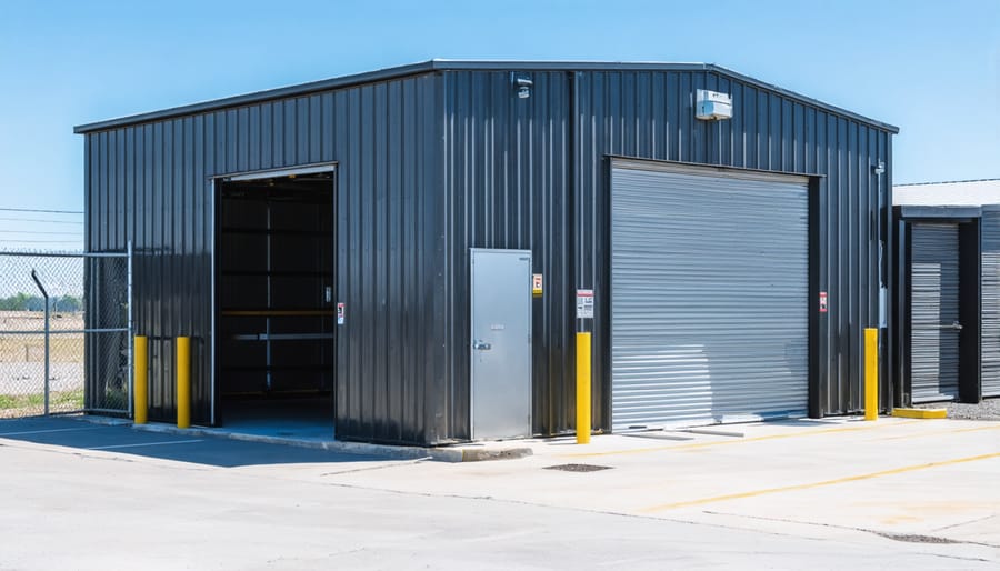 Secure steel storage shed with heavy-duty locking system and safety features