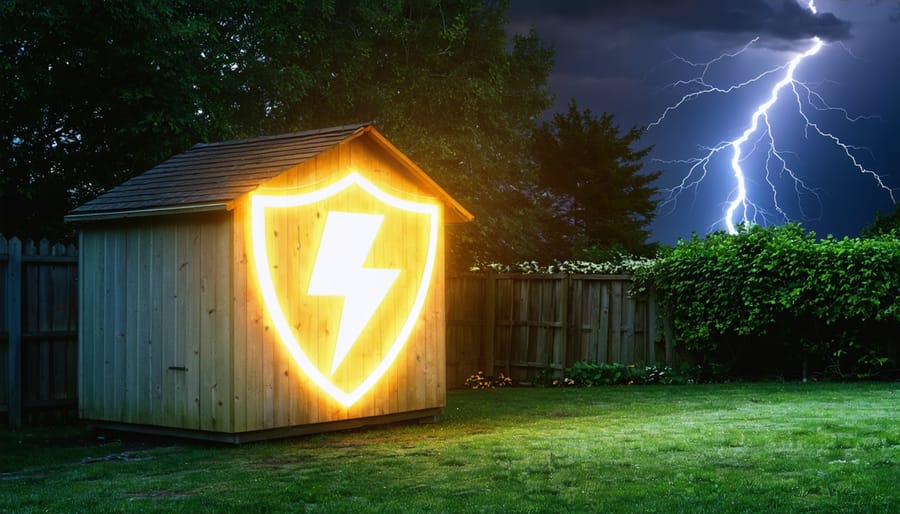 Artistic representation of a wooden shed in a backyard with a glowing protective shield, illustrating the concept of protection against power surges amidst a distant lightning storm.