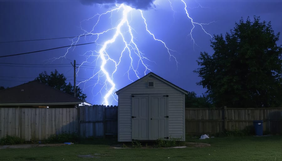Lightning bolt striking near a wooden shed, illustrating potential surge risks to outdoor buildings