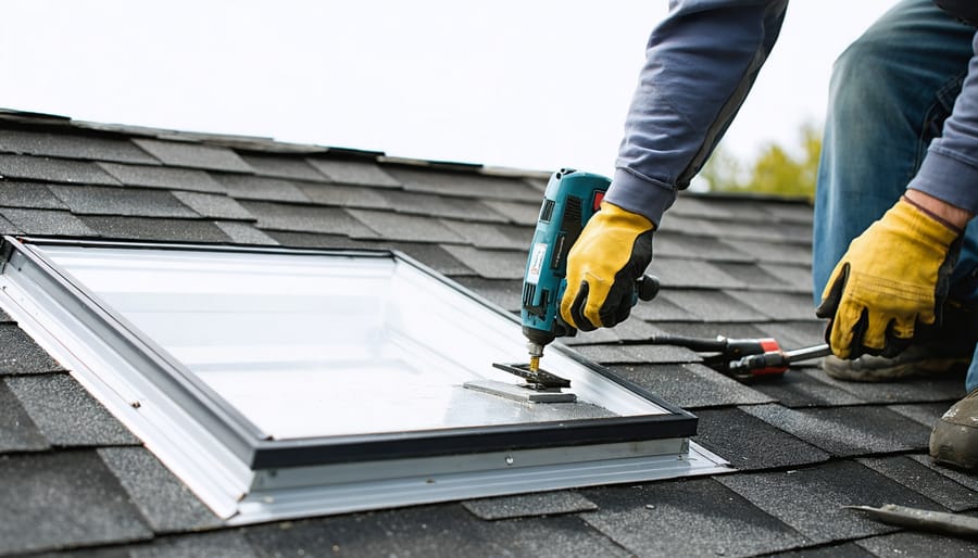 DIY homeowner installing a curb-mounted skylight on an asphalt-shingle shed roof with metal flashing and sealant arranged, photographed from slightly above under bright overcast light, with a garden and toolshed softly visible in the background.