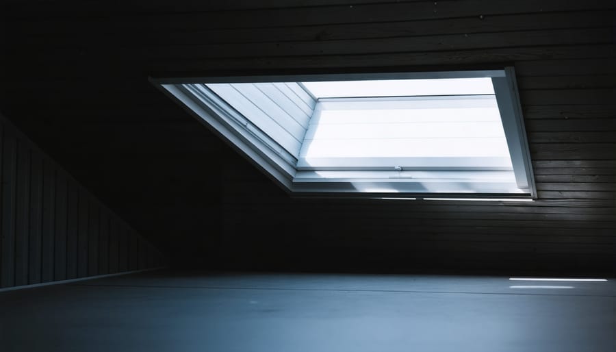 Interior view of garden shed with natural sunlight streaming through roof-mounted skylight