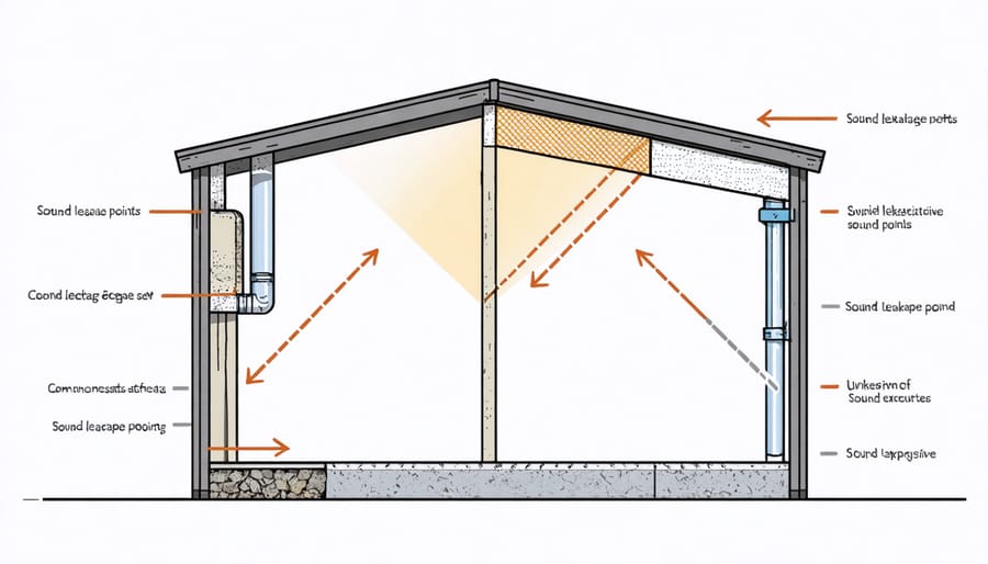 Illustrated diagram of a shed showing common sound leakage points around windows, doors, and joints