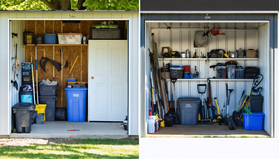 Side-by-side comparison of a cluttered shed versus an organized storage conversion