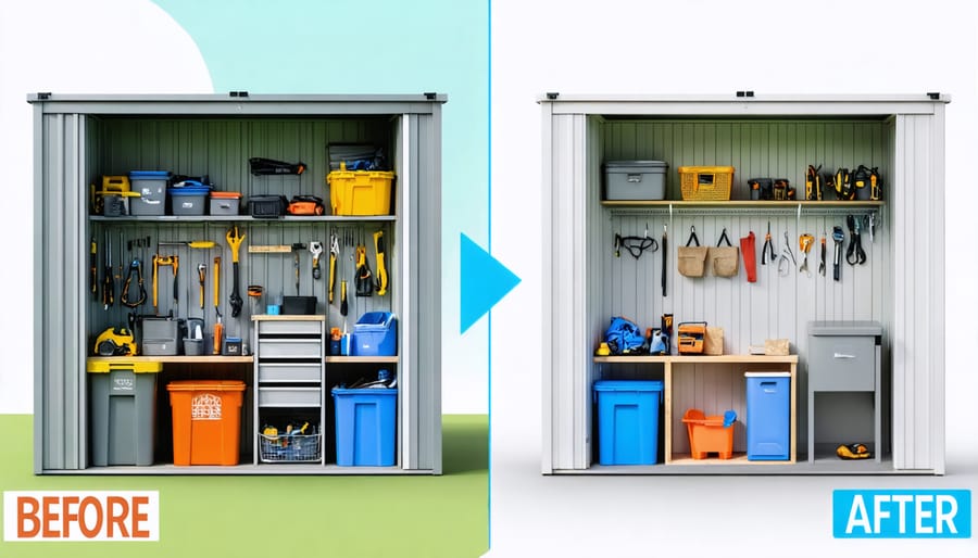 Conceptual illustration of an old, cluttered shed transforming into a modern, organized storage powerhouse with innovative storage solutions and strategic planning.