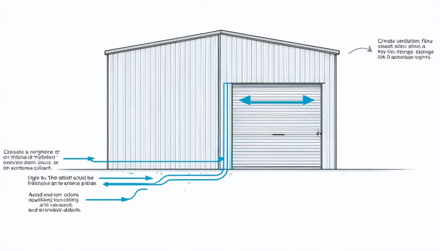 Cross-section illustration of a shed showing airflow patterns and ventilation system components