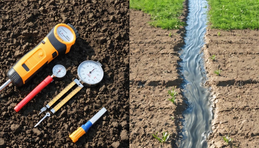 Site assessment demonstration showing soil testing equipment and water drainage patterns on potential shed location