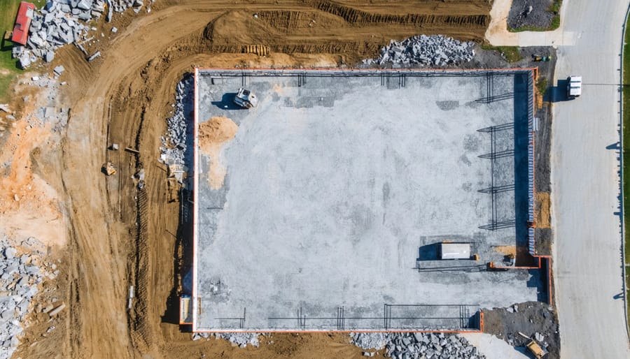 Bird's eye view of prepared construction site showing excavated area and foundation forms
