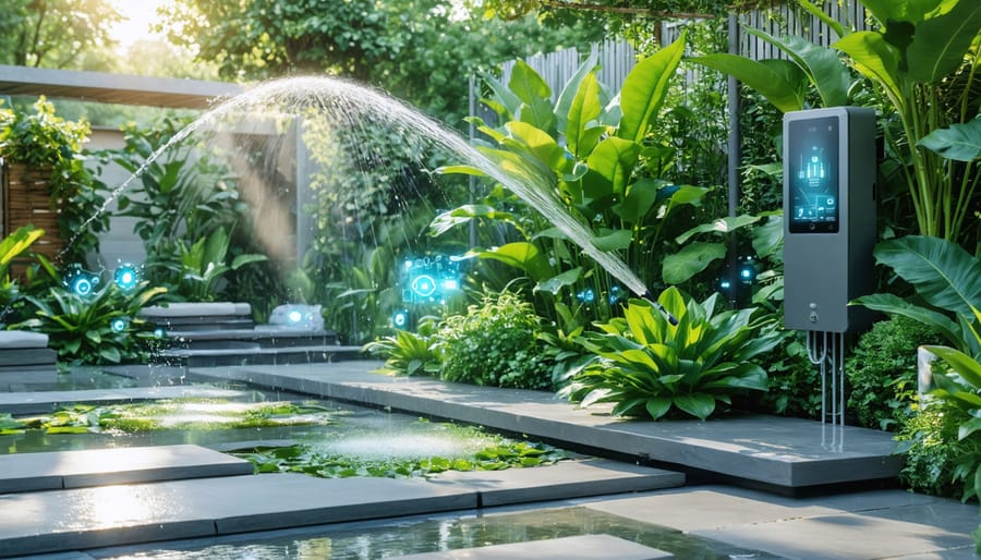 A modern garden with a smart irrigation system featuring drip lines and smart controllers, set in a lush, green space that highlights the balance of technology and nature.