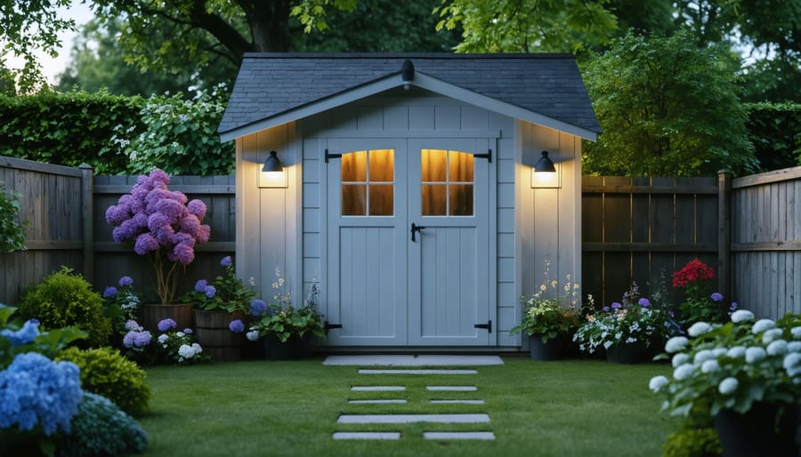 Garden shed with warm lighting glowing from windows at dusk
