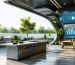 A modern outdoor kitchen showcasing a touchless low-flow faucet, surrounded by a garden irrigated with greywater. Solar panels power a digital display showing real-time water consumption, while an overhead misting system cools the space.