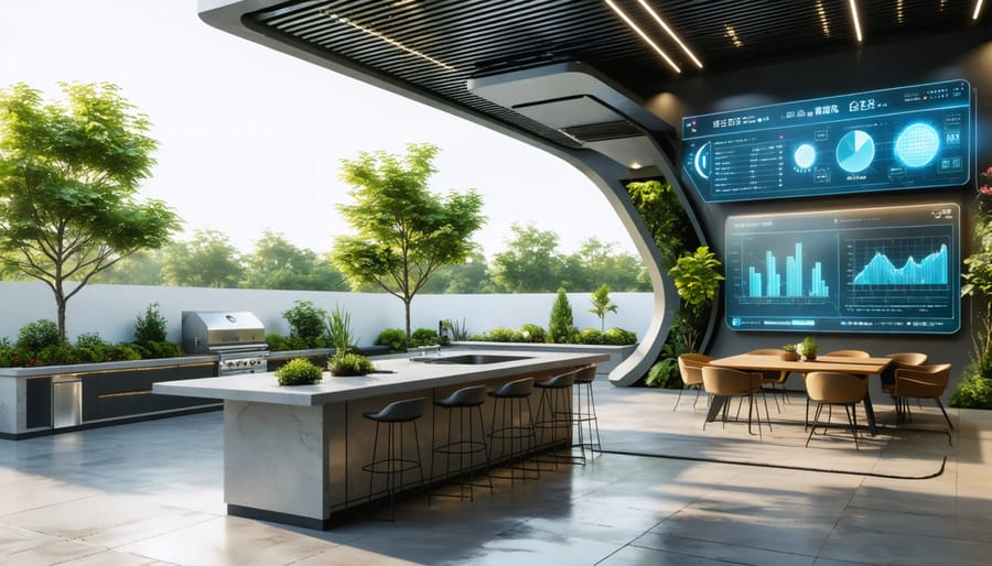 A modern outdoor kitchen showcasing a touchless low-flow faucet, surrounded by a garden irrigated with greywater. Solar panels power a digital display showing real-time water consumption, while an overhead misting system cools the space.