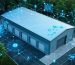 An aerial visualization of a futuristic storage shed showcasing digital overlays of energy statistics, predictive analytics, and AI data flow, symbolizing the integration of technology in energy management.