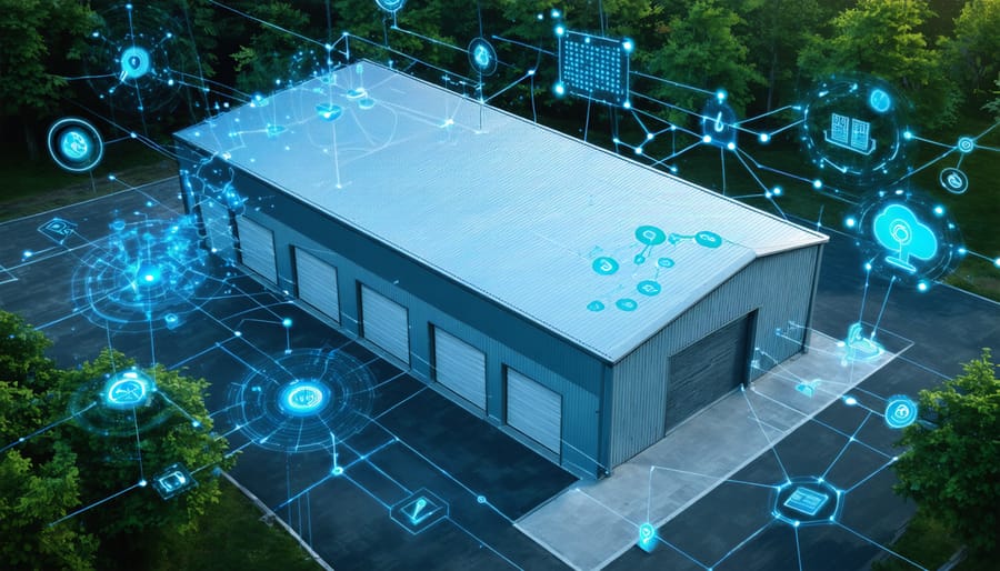 An aerial visualization of a futuristic storage shed showcasing digital overlays of energy statistics, predictive analytics, and AI data flow, symbolizing the integration of technology in energy management.