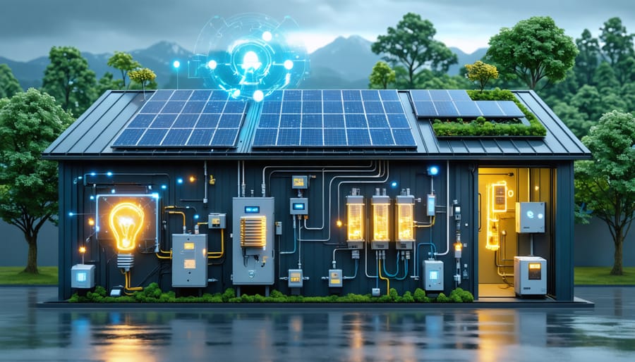 A modern storage shed equipped with AI-powered energy monitoring sensors and devices, showcasing the concept of intelligent energy optimization and sustainability.
