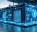 Conceptual image of a high-tech storage shed with smartphone displaying control interfaces for lighting, security, and climate systems, emphasizing automation and modernization.