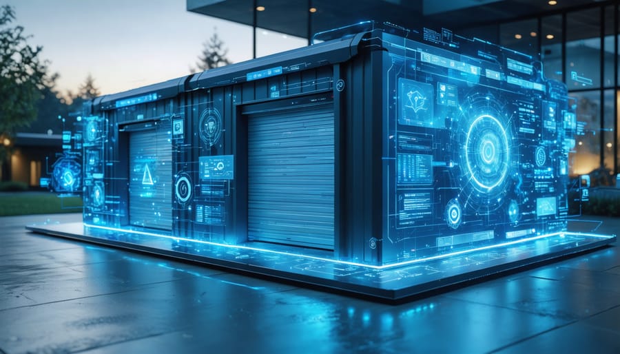 Conceptual image of a high-tech storage shed with smartphone displaying control interfaces for lighting, security, and climate systems, emphasizing automation and modernization.