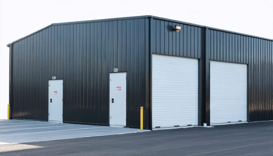 Modern storage shed with visible smart technology panel near entrance