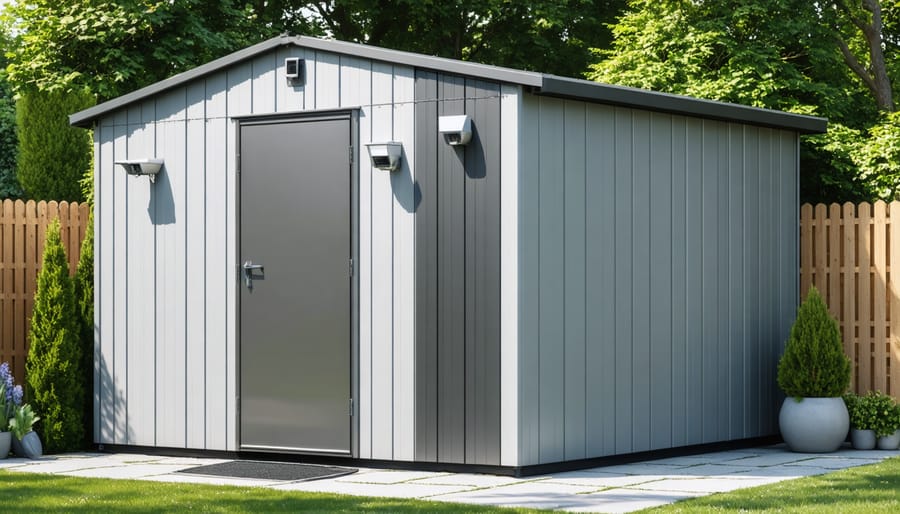 Smart-enabled garden shed showing security cameras, motion sensors, and LED lighting installation