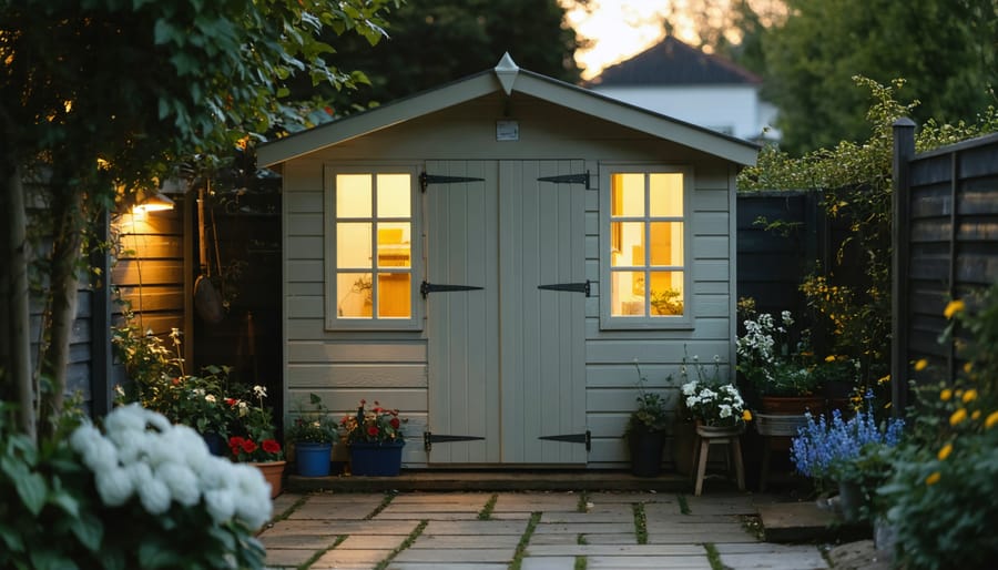 "A garden shed warmly lit from within during dusk, with a clear view of plants and trees in the background."