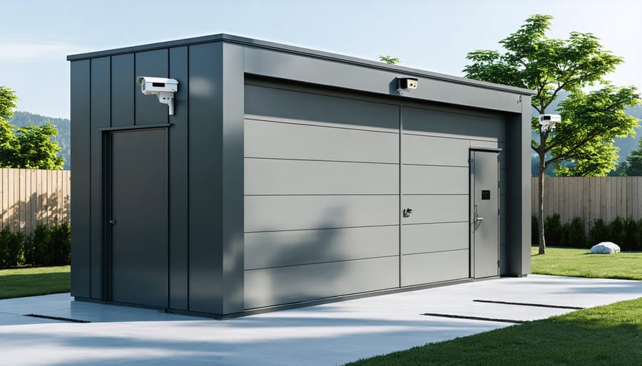 Exterior view of a modern automated shed with visible smart security features
