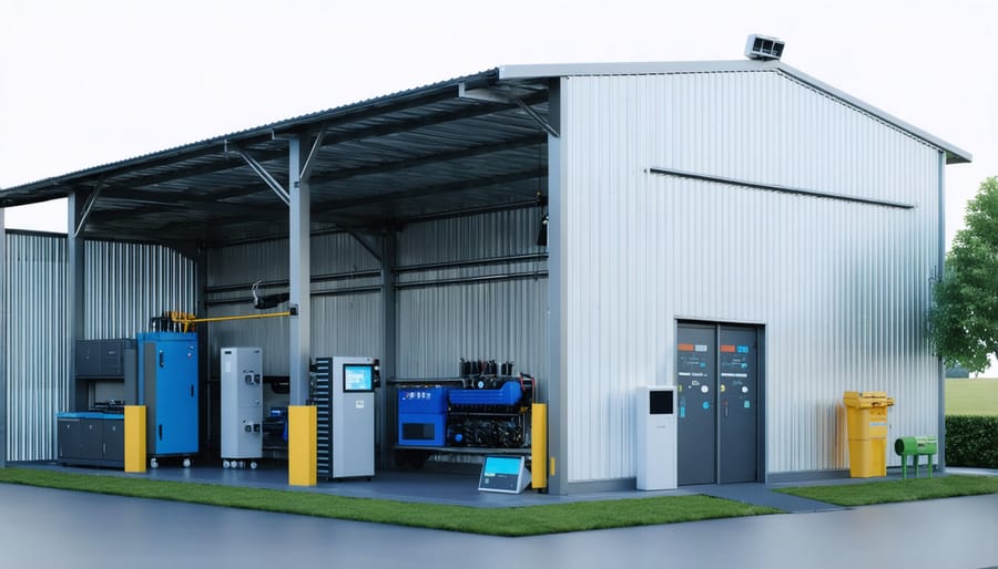 Modern storage shed equipped with AI-powered energy monitoring sensors