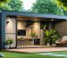 Modern garden shed equipped with smart technology, featuring outdoor cameras, motion sensors, and smart lighting set against a backdrop of greenery.