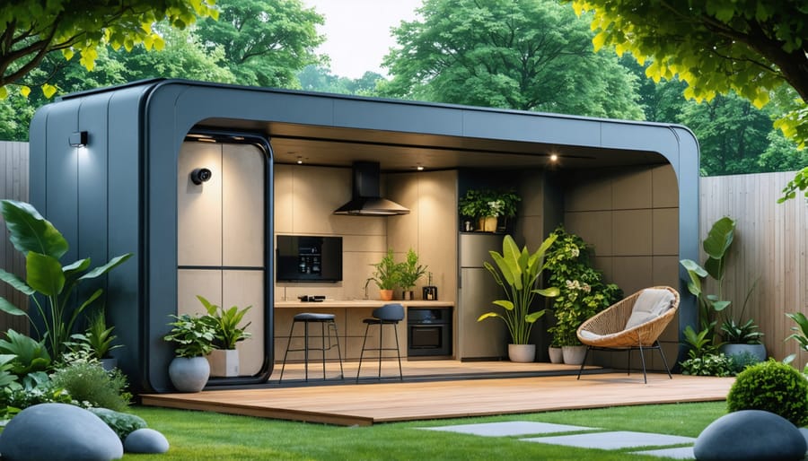 Modern garden shed equipped with smart technology, featuring outdoor cameras, motion sensors, and smart lighting set against a backdrop of greenery.