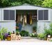 A well-maintained storage shed with fortified entry points and an array of natural pest deterrents displayed in front, highlighting effective pest management practices.